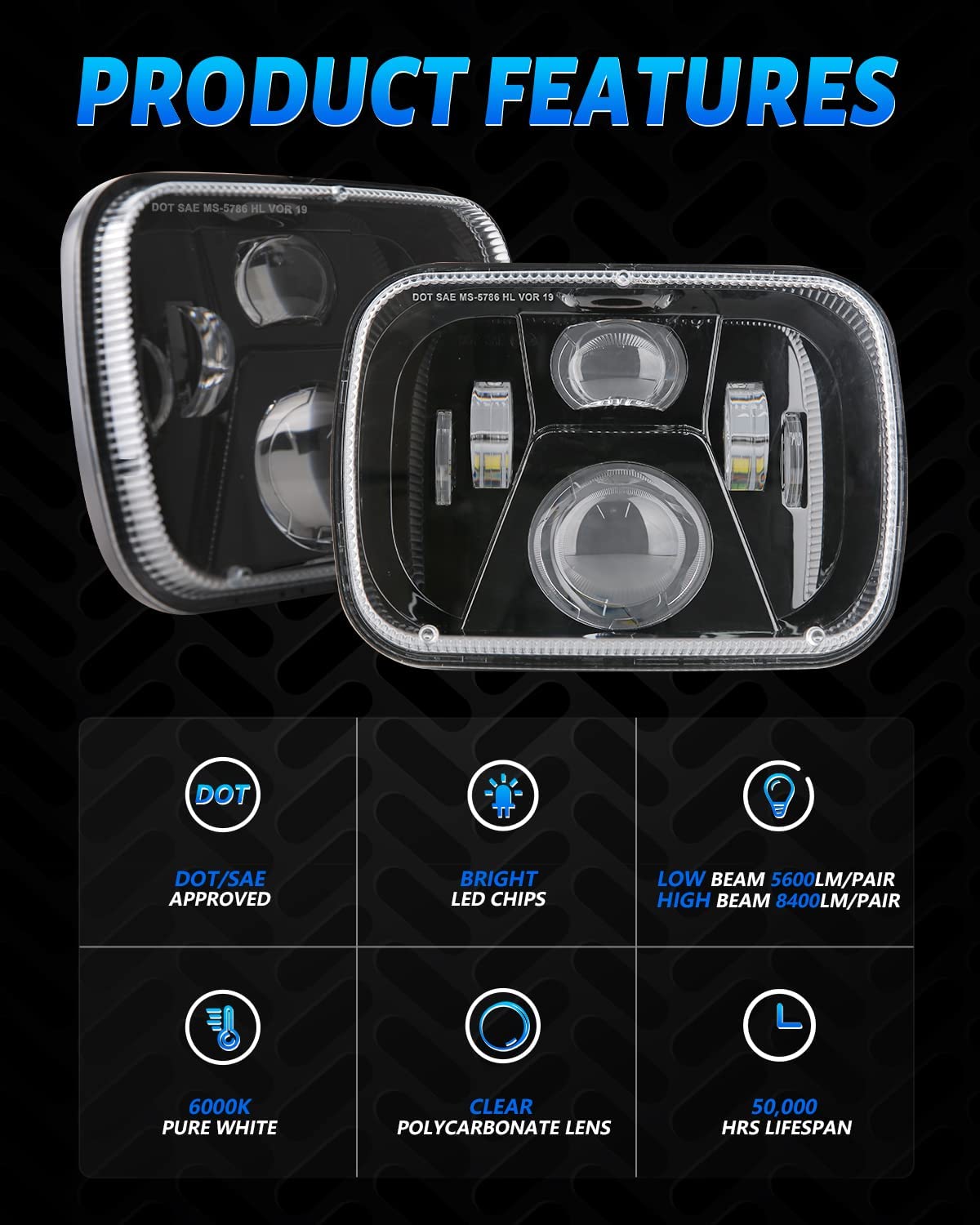 7x6 5x7 H6054 LED Headlights H6054 High Low Sealed Beam DOT 110W 8400lm Compatible with Jeep Cherokee XJ Wrangler YJ Comanche MJ GMC Savana Safari Ford Replacement Black