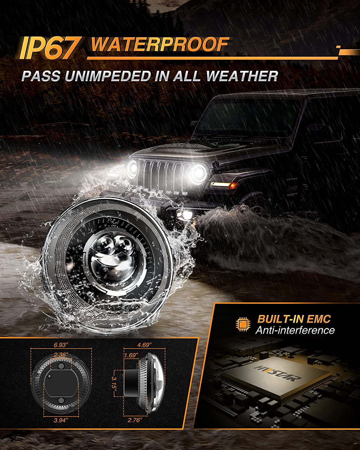 HWSTAR 1000% Bright Anti-Glare 7 Inch Round LED Headlights Compatible with Jeep Wrangler JK JKU TJ LJ Chevy Ford GMC etc. With Starry Boot Gradient Halo Turn Signal DRL H6024 DOT Hi/Lo Sealed Beam