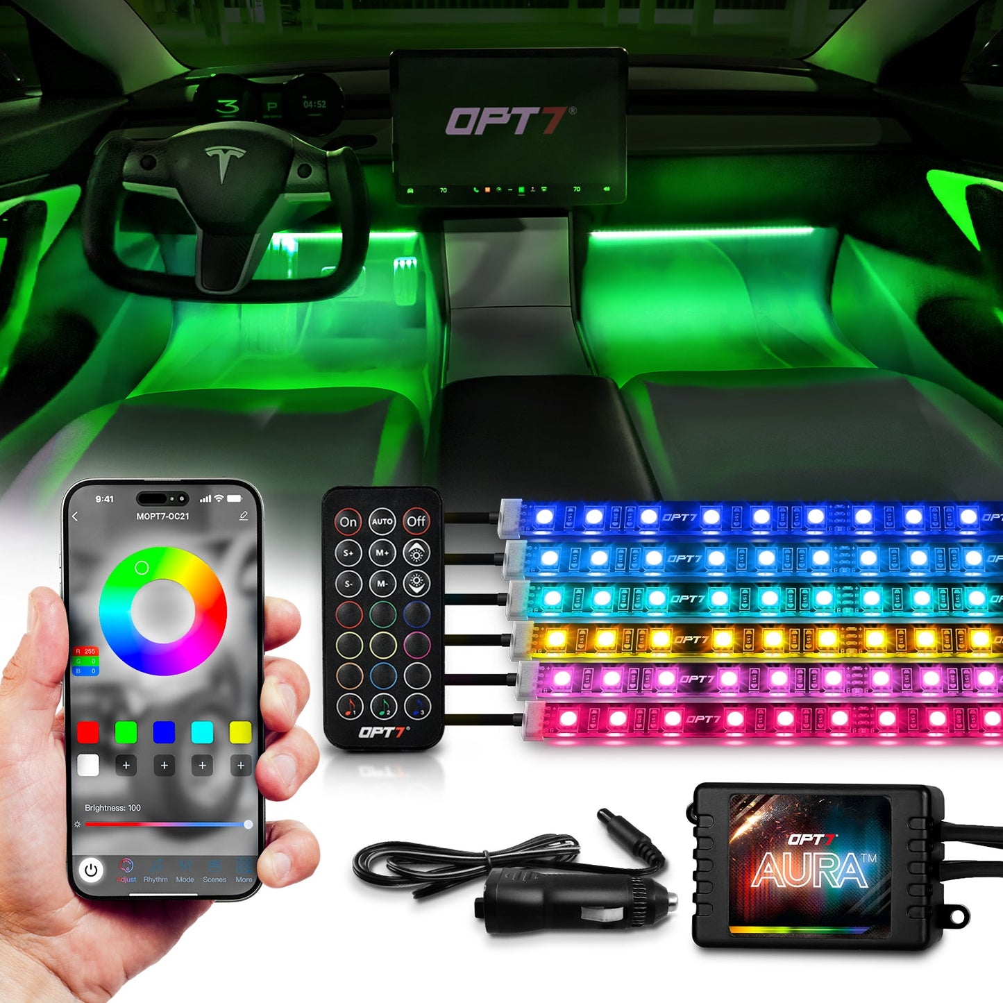 AURA PRO LED Interior Ambient Lighting Kit (4 x 12 Inch or 6 x 12-Inch) - Bluetooth Enabled APP Full Color Spectrum