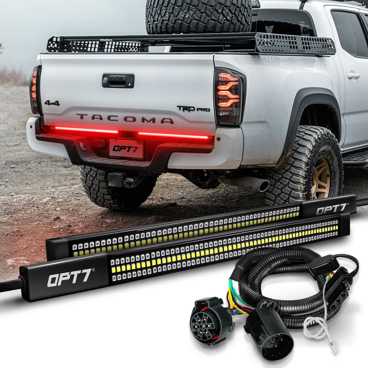 Redline Parlux Triple Row LED Tailgate Light Bar for Tacoma Bundle with 7 Pin to 4 Pin Trailer Extension Adapter Harness With Reverse Wire