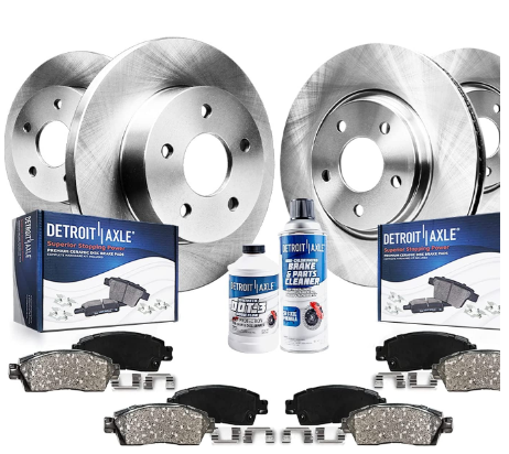 Detroit Axle 10PR1200364 10-piece front and rear brake system kit, including drilled and slotted disc brake rotors, ceramic brake pads, and brake cleaner/fluid. 2006-2010 Infiniti M35 and G37.