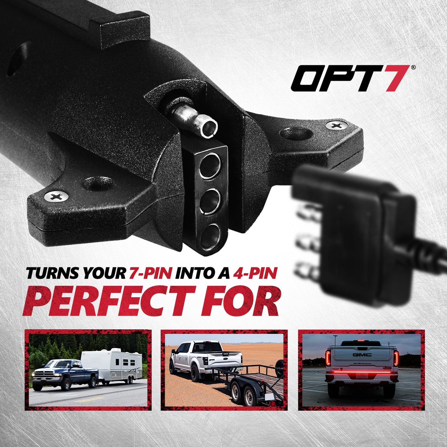 7-Way Round to 4-Way Flat Pin Adapter w/LED Testing Light and Secure Tab For Trailer Tow Hitch & Redline Tailgate LED