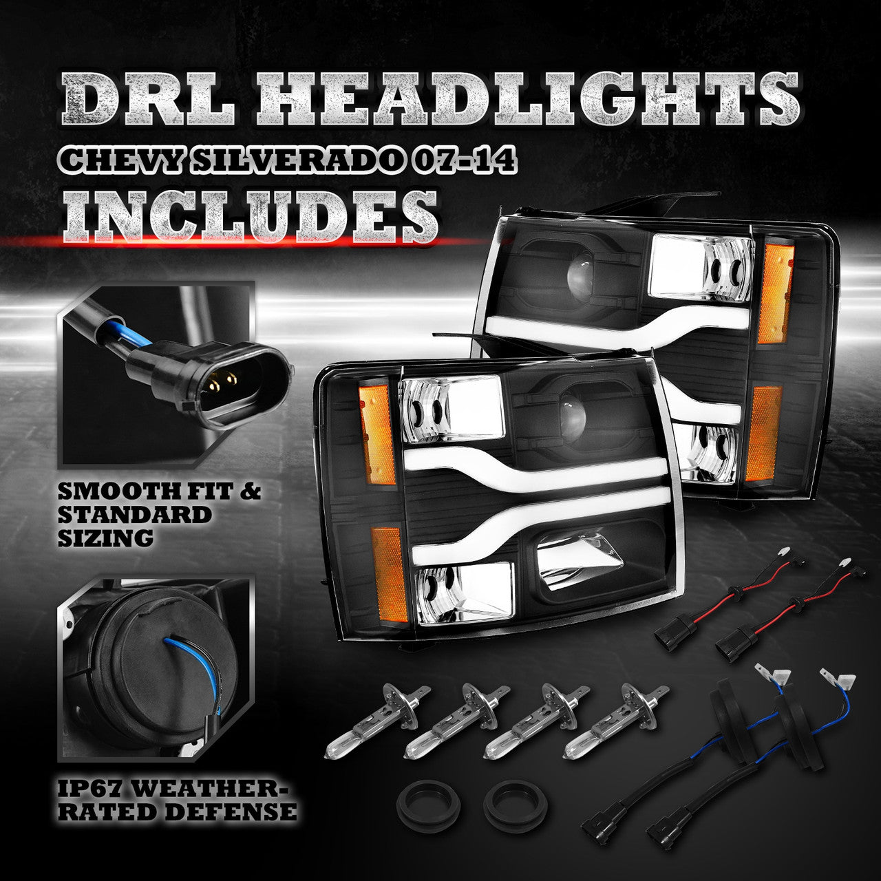 OPT7 07-14 Chevrolet Silverado Black w-Ultra White DRL LED Tube Headlights Projector