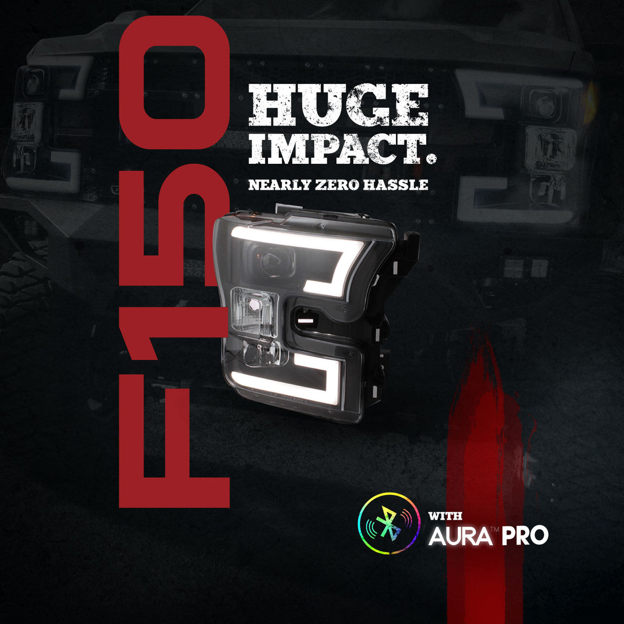 OPT7 15-17 F150 Black AURA RGB-W DRL LED Tube Headlights Projector -Bluetooth Built in Full Color