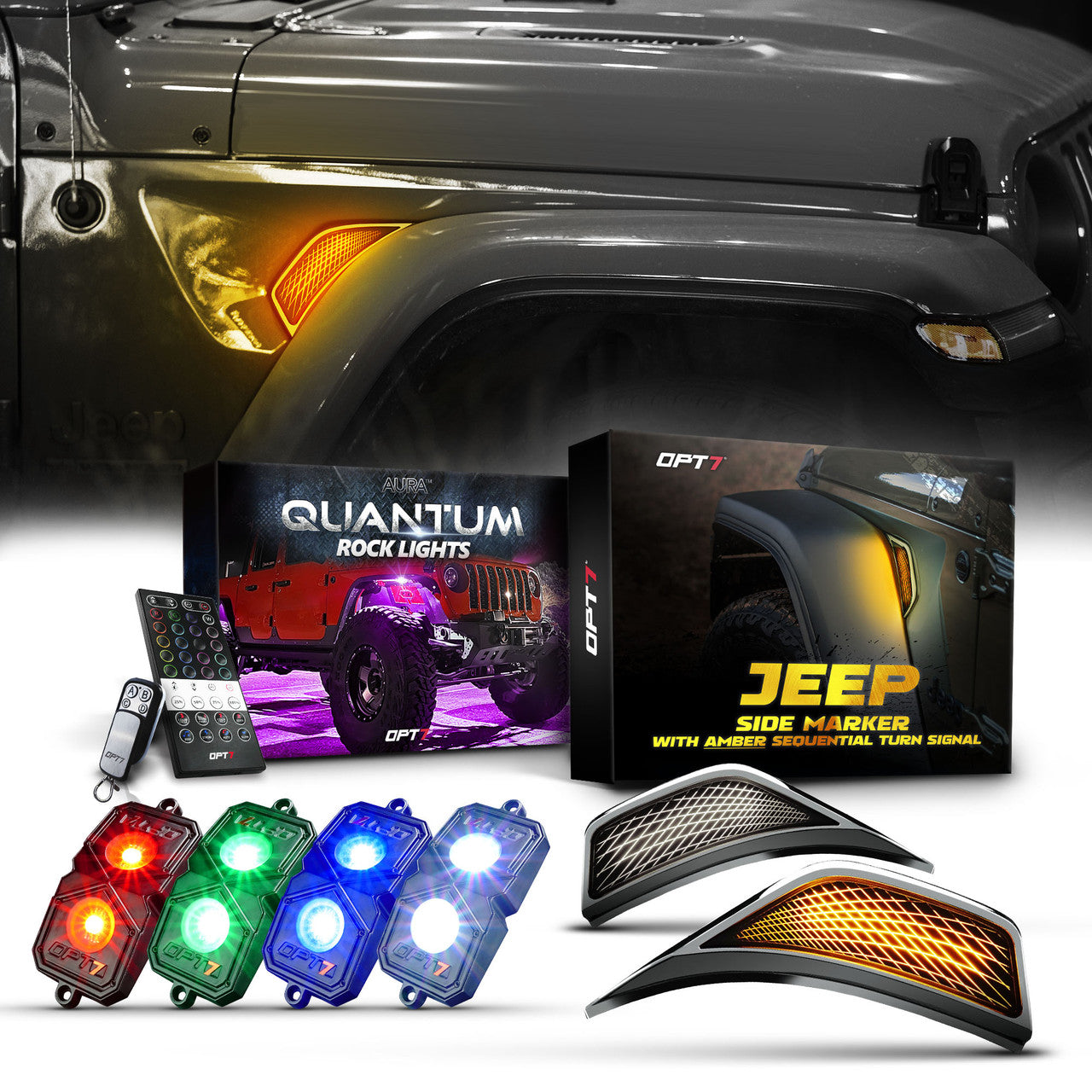 OPT7 Quantum Rock Light RGBW & LED Side Marker White-Amber for Jeep Wrangler JL JLU & Gladiator JT 18-23