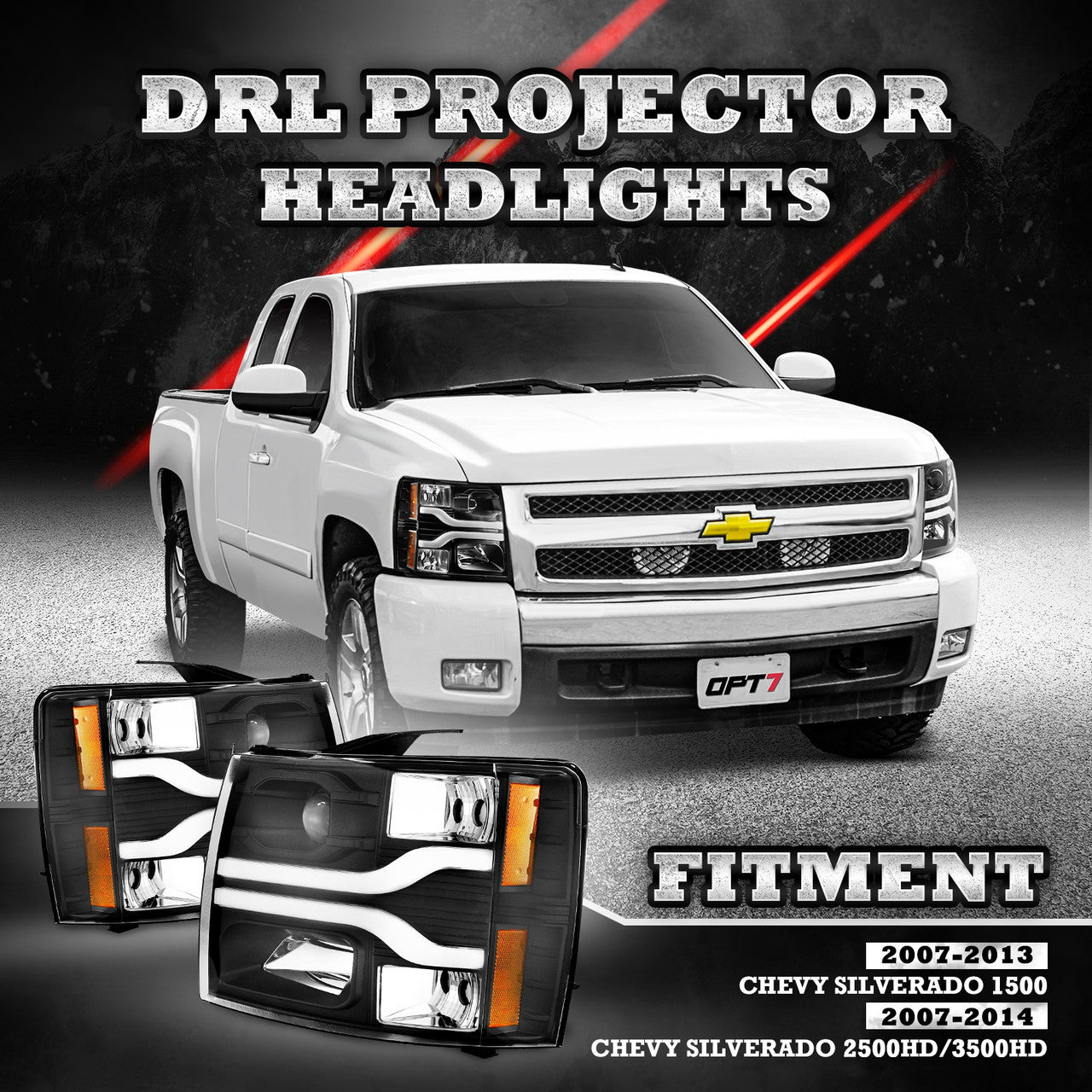 OPT7 07-14 Chevrolet Silverado Black w-Ultra White DRL LED Tube Headlights Projector