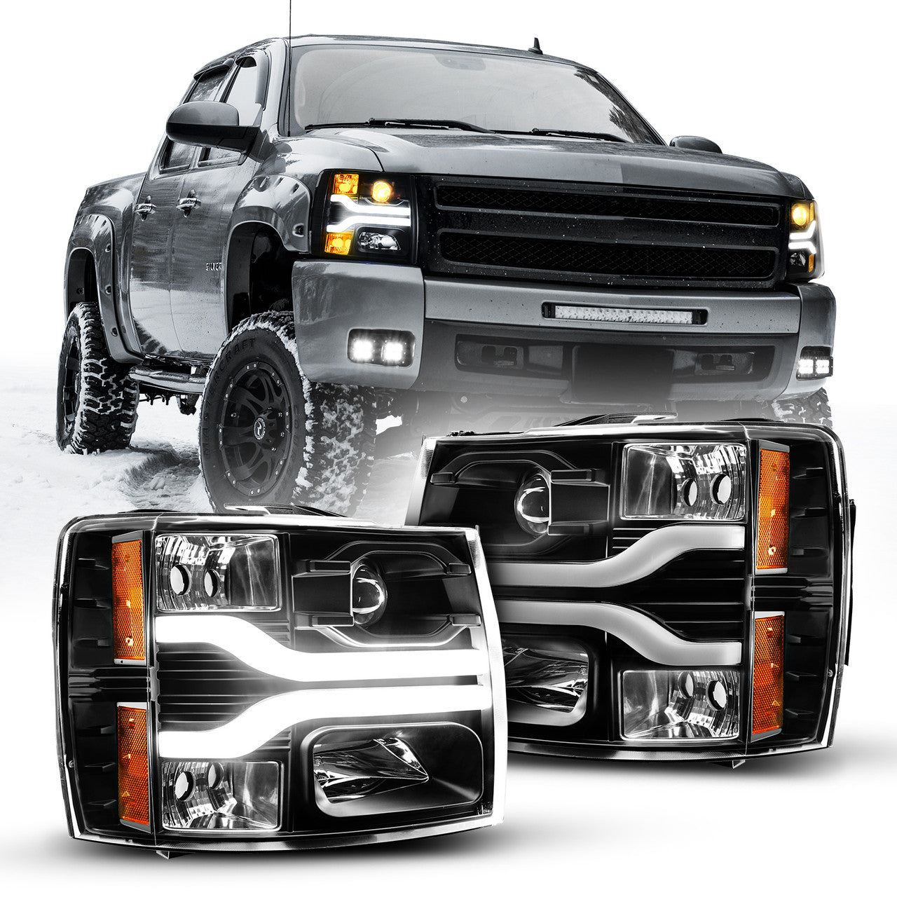 OPT7 07-14 Chevrolet Silverado Black w-Ultra White DRL LED Tube Headlights Projector