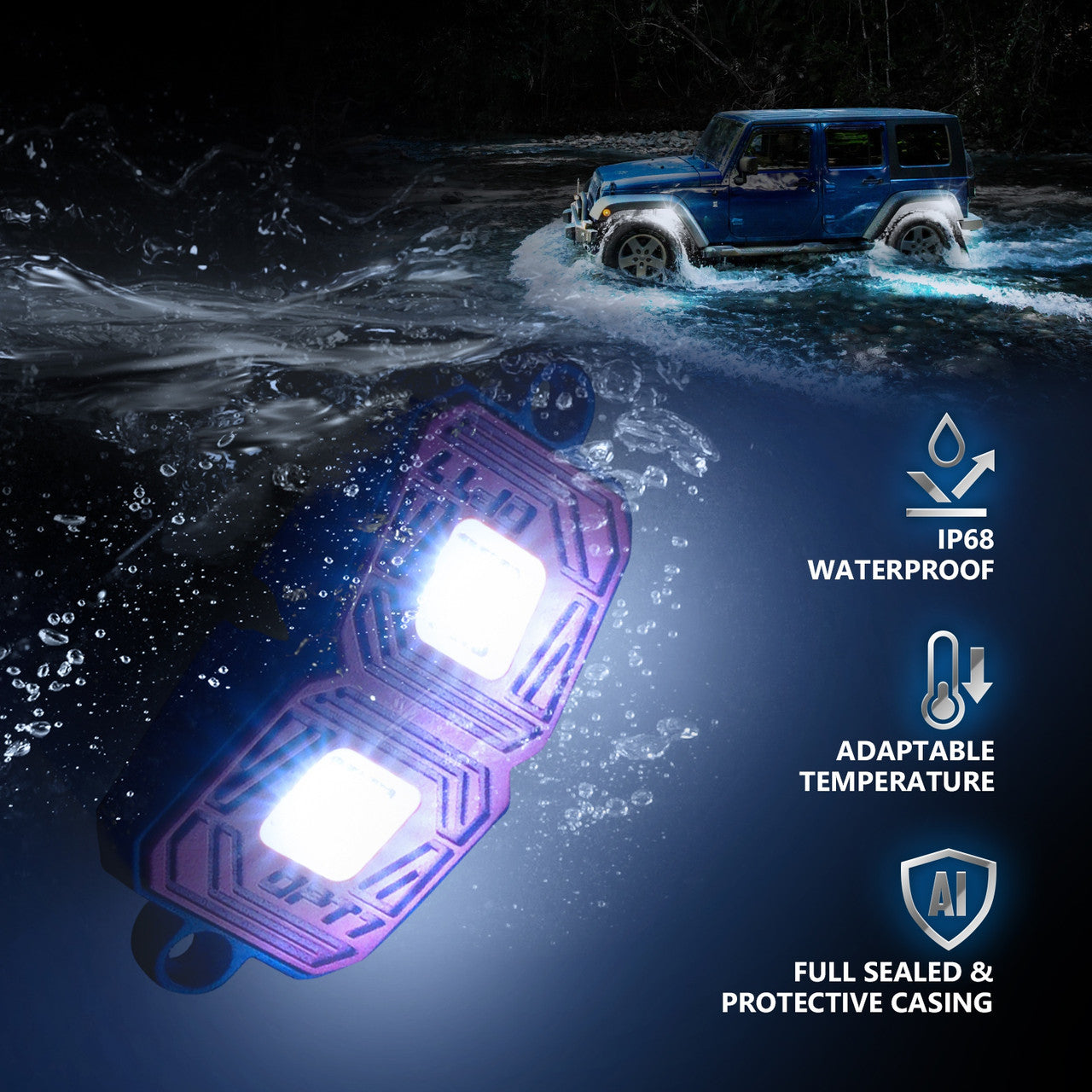 OPT7 Photon White 4PCS LED Rock Light w-Magnet Wide Angle Underglow Neon Lighting Kit