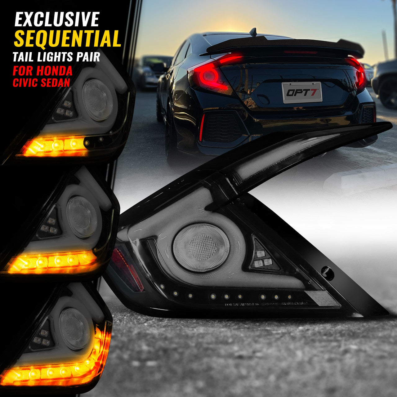 OPT7 Honda Civic Sedan Smoked LED Tail Lights Sequential Turn Signals & OLED Technology (Fits all 2016-2019 10th Gen Civic Sedans)
