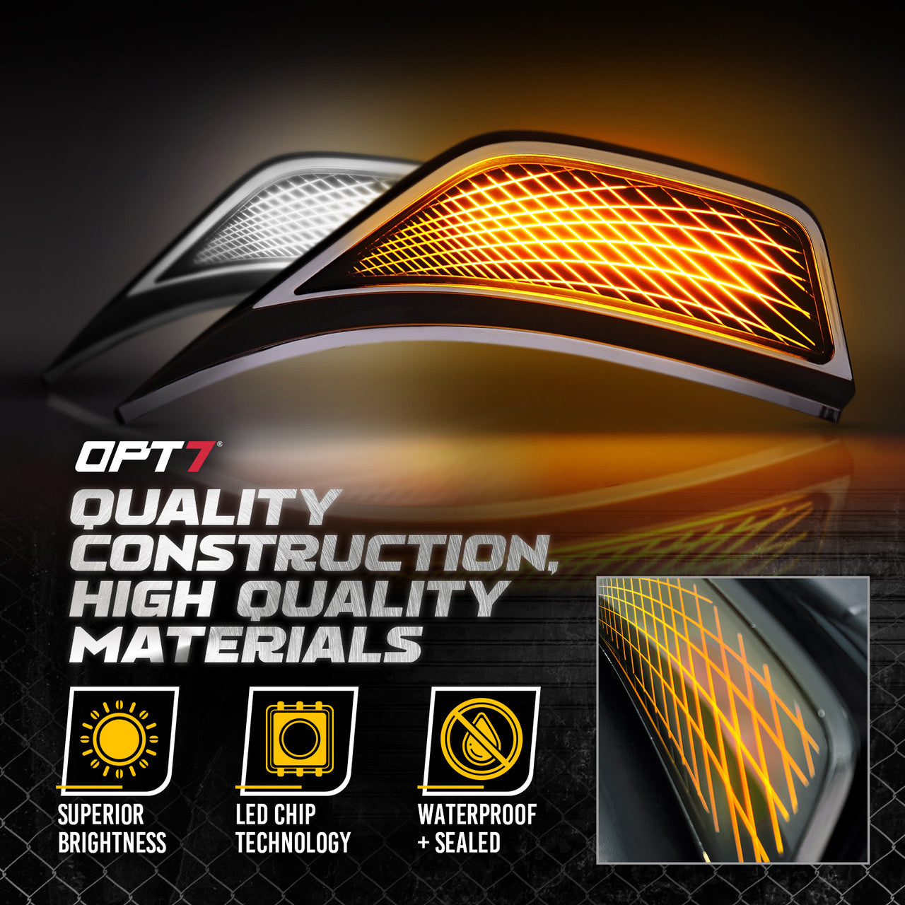 OPT7 LED Side Marker for Jeep Wrangler JL & Gladiator JT 18-23 w- Amber Sequential Turn Signal, White Running Light