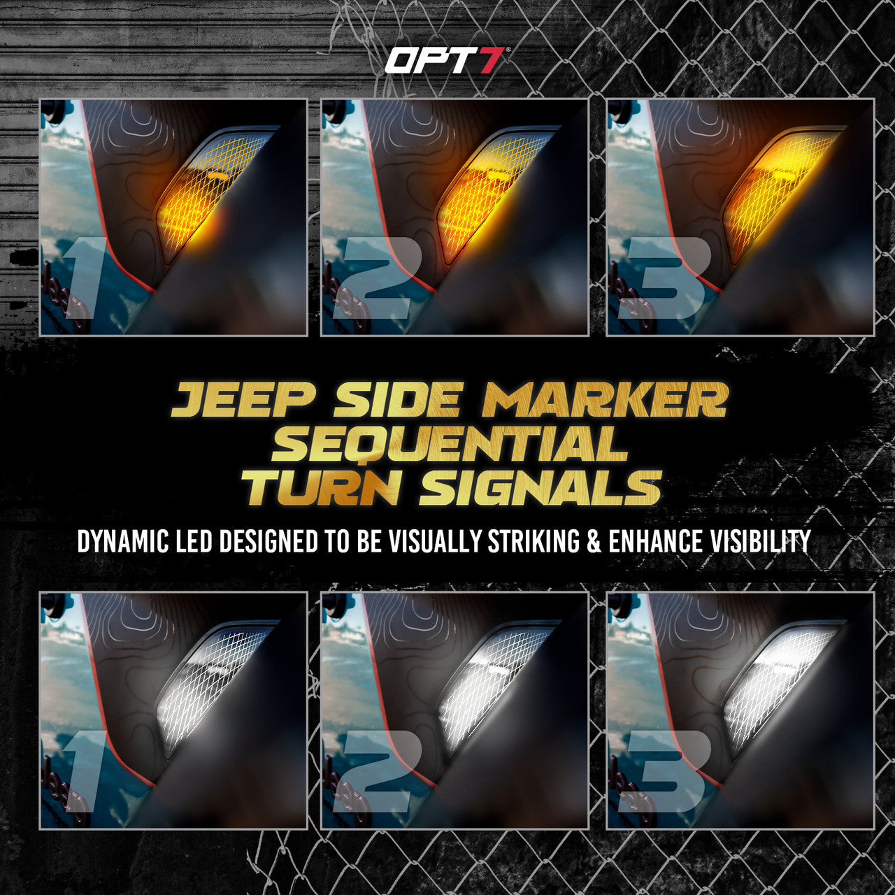 OPT7 LED Side Marker for Jeep Wrangler JL & Gladiator JT 18-23 w- Amber Sequential Turn Signal, White Running Light
