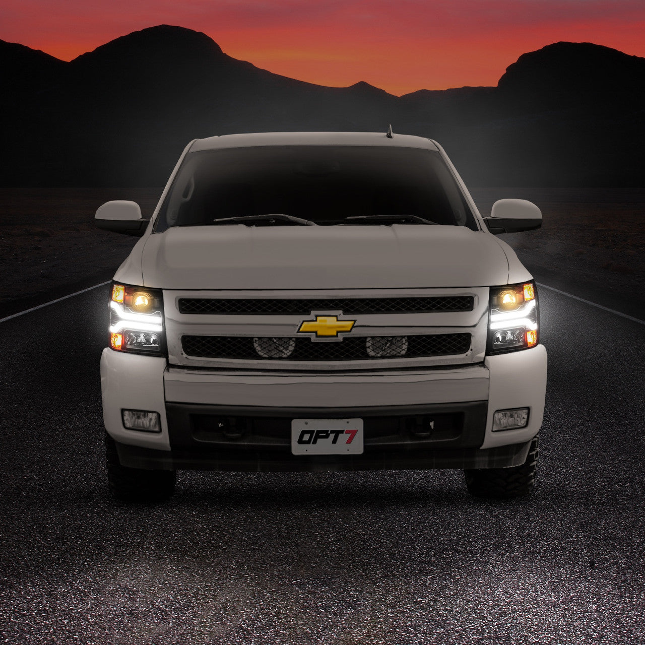 OPT7 07-14 Chevrolet Silverado Black w-Ultra White DRL LED Tube Headlights Projector