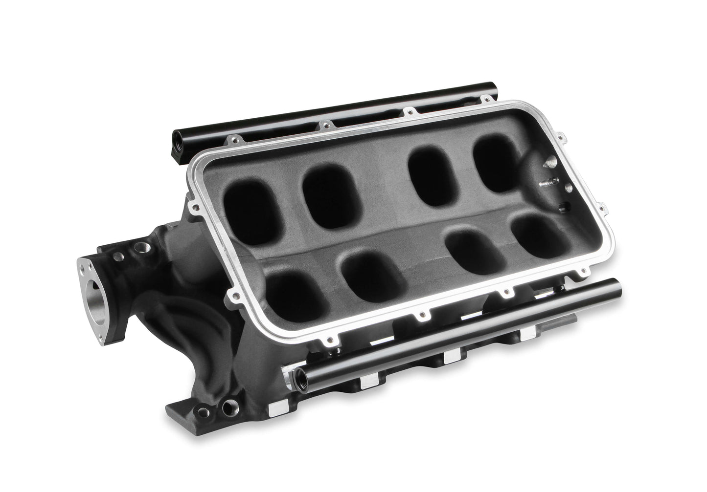 8.2" SBF Ford Hi-Ram Intake Manifold with 95mm 1986-95 Ford 5.0 Throttle Body Flange Side Mount Top. Black by The Tuner Store