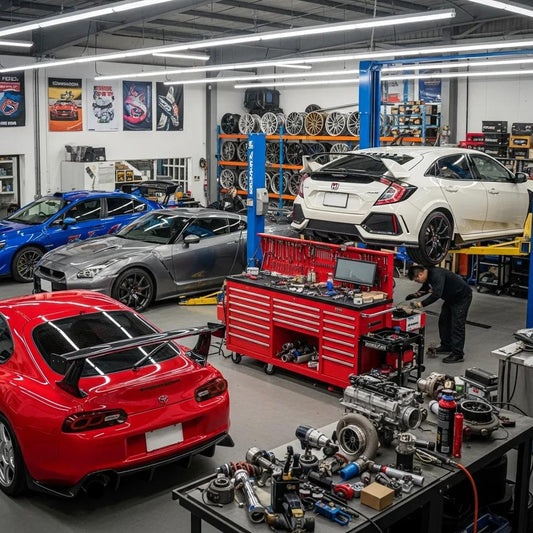 JDM performance cars in a workshop, highlighting popular models and modification culture