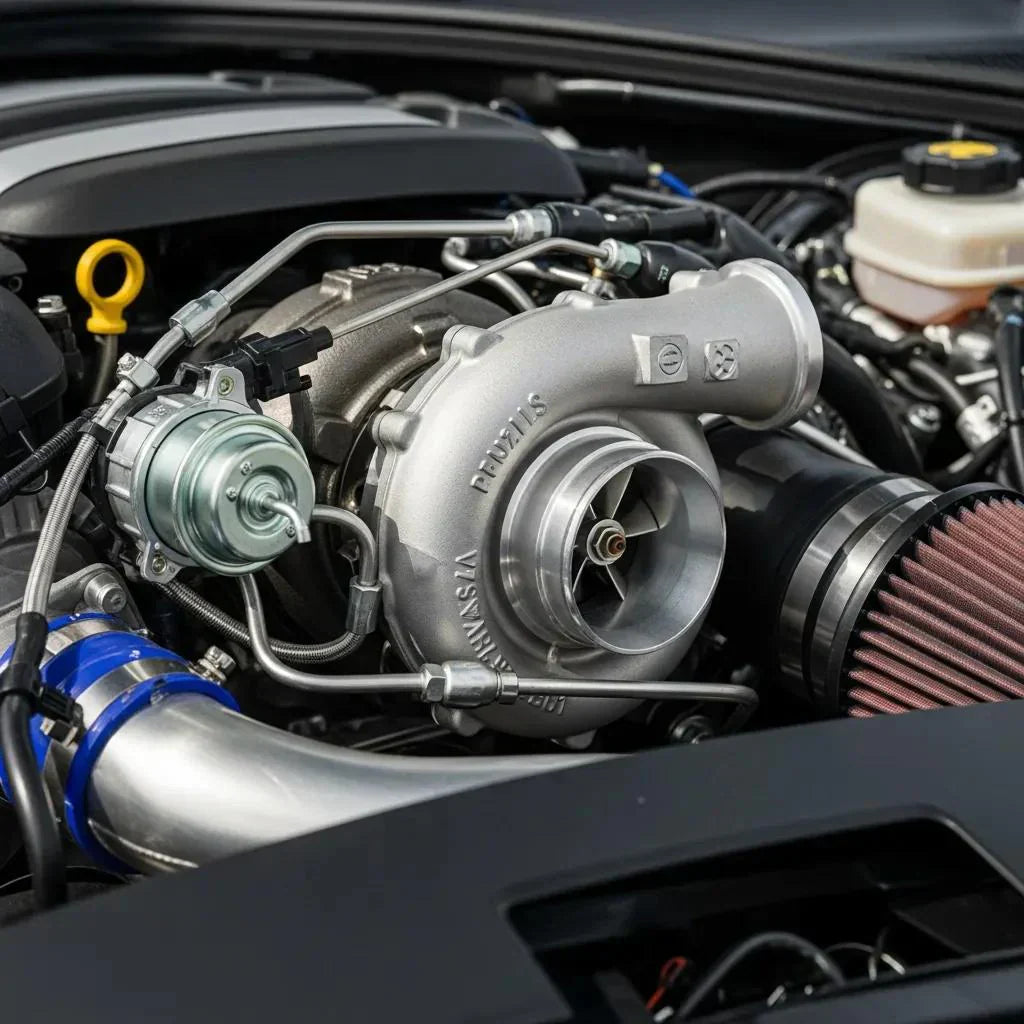 Turbocharger installed in an engine bay, showcasing its design and components