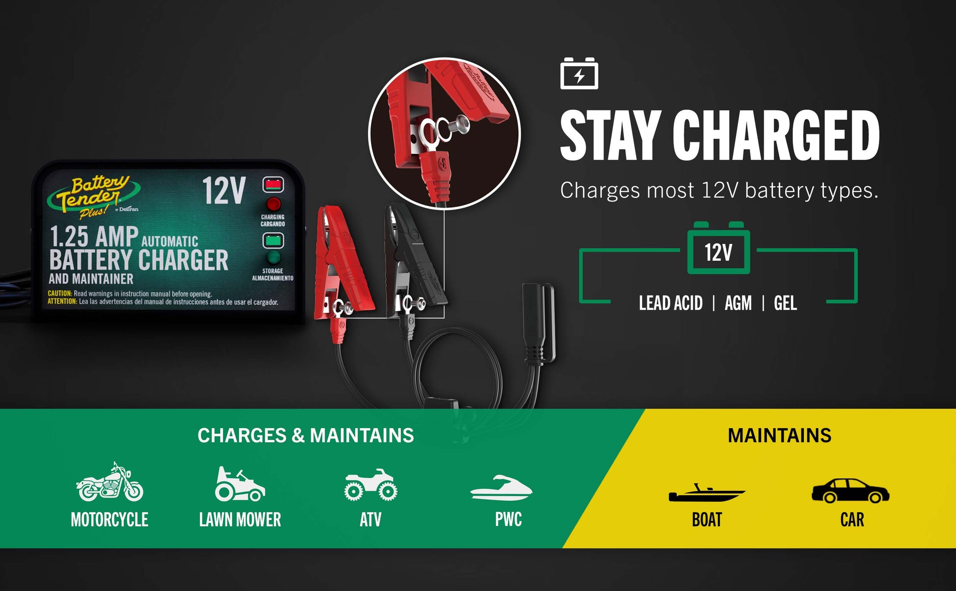 Battery Tender Plus 1.25 AMP 12V Battery Charger and Maintainer