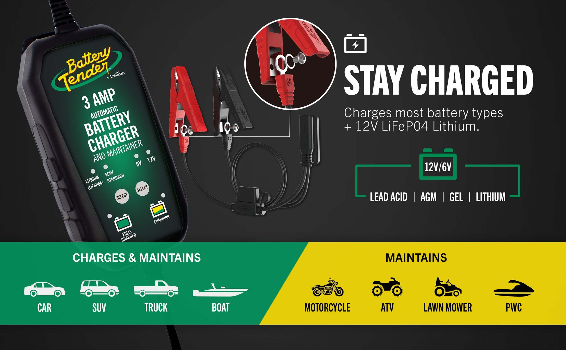 Power Tender® 3 Amp 12V/6V Battery Charger and Maintainer