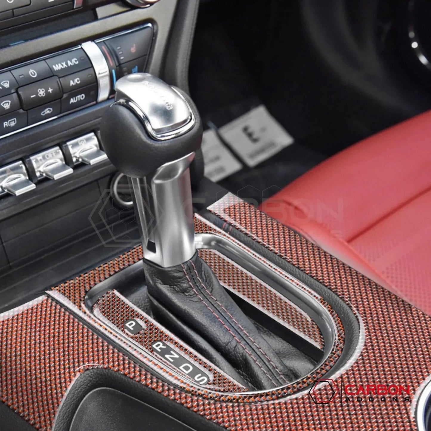 Reflective Carbon Fiber Center Console Overlay for 2015–2023 Ford Mustang