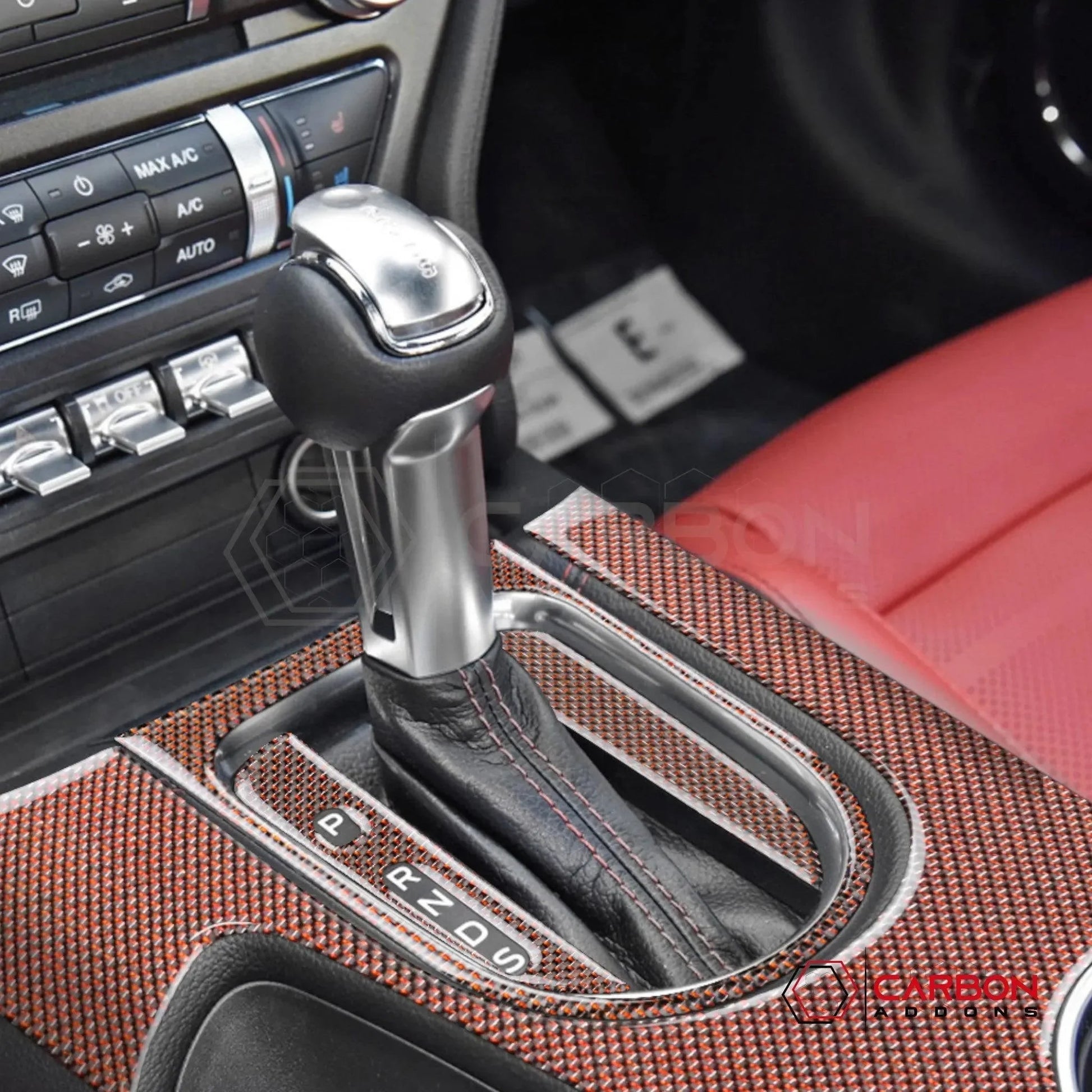 Reflective Carbon Fiber Center Console Overlay for 2015–2023 Ford Mustang