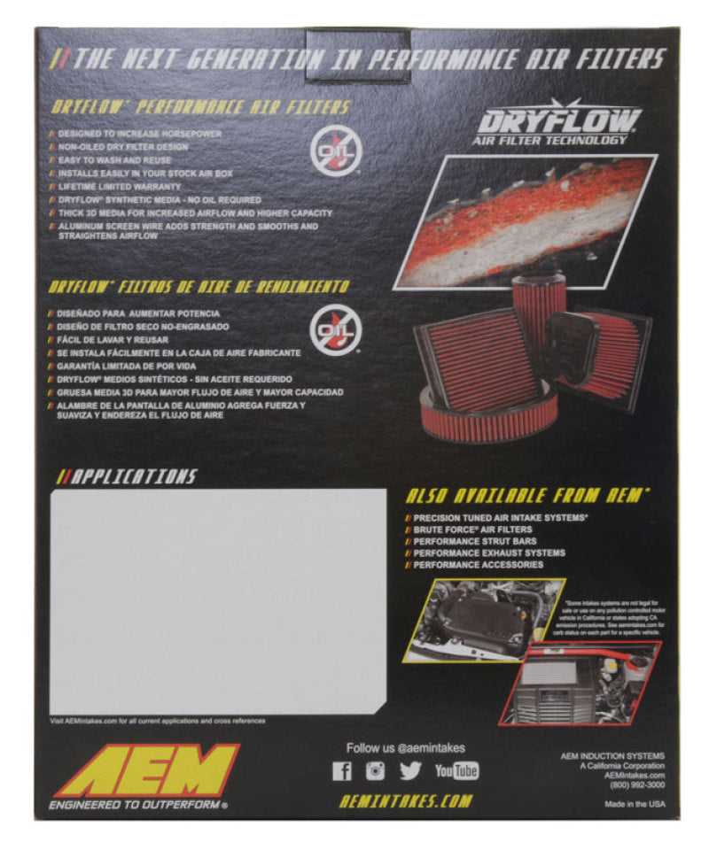 AEM Induction AEM 2015 Hyundai Genesis Sedan V6-3.8L F/I Dryflow Air Filter 28-50019