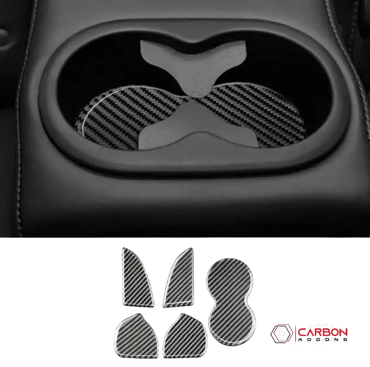 [5pcs] Carbon Fiber Rear Sit Cup Holder and Door Panel Groove Overlay for Dodge Challenger 2015-2023