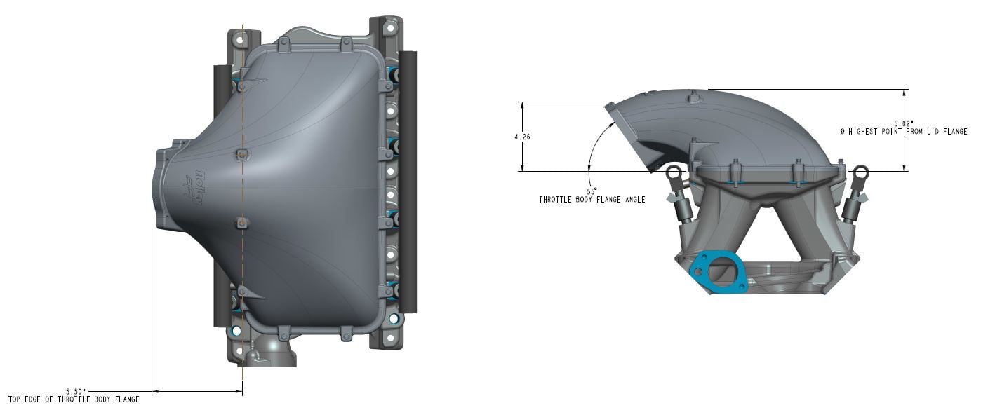 8.2" SBF Ford Hi-Ram Intake Manifold with 95mm 1986-95 Ford 5.0 Throttle Body Flange Side Mount Top.
