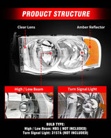Adcarlights 20022005 Dodge Ram Headlight Assembly For 1500 2500 3500 20032005 Clear Chrome Lens With Amber Reflector Replacement Left Right