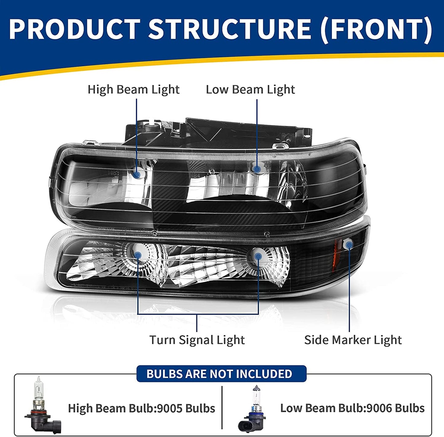 Autosaver88 Headlight Assembly Compatible With 19992002 Chevy Silverado 1500 250020012002 1500hd 2500hd 350020002006 Tahoe Suburban 2500 Headlamp Bumper Lights Black Housing Amber Reflector