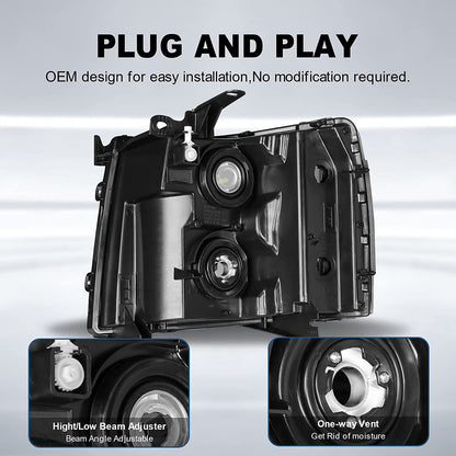 MOSTPLUS Headlight Assembly Compatible with Chevy Chevrolet Silverado 1500 2500 3500 with Black Housing, Clear Lens, Amber Reflector