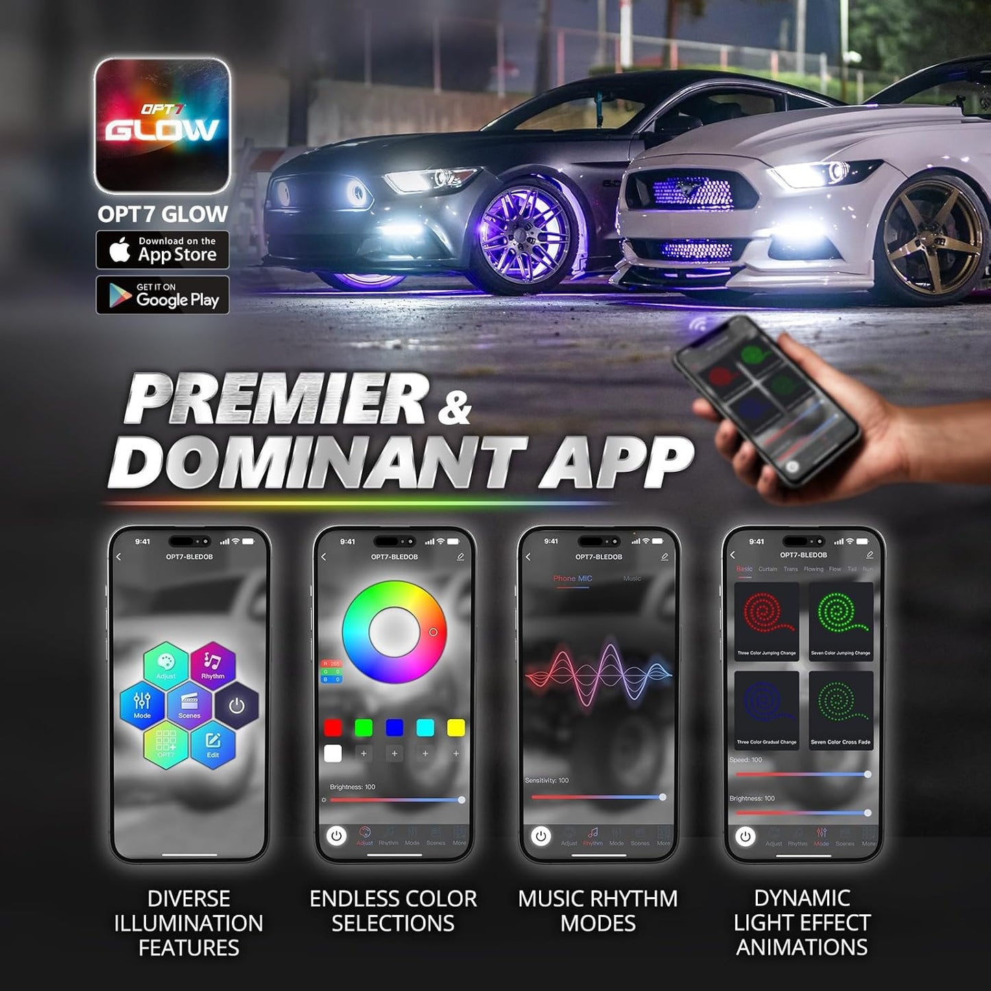 AURA PRO Wheel Well LED Lighting Kit 4 x 24-Inch Multi-Color Strips - Bluetooth Enabled APP Full Color Spectrum