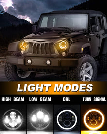 MGLLIGHT 7 Inch Round LED Headlights Halo Angel Eyes DRL Amber Turn Signal Lights H6024 High/Low Sealed Beam LED Headlights Compatible with Jeep Wrangler JK LJ CJ TJ with H4 H13 Adapter, 2PCS