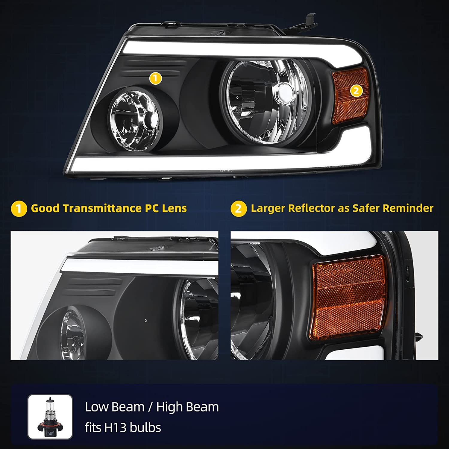 2004-2008 Ford F150 Switchback Turn Signal Headlights With Black Housing