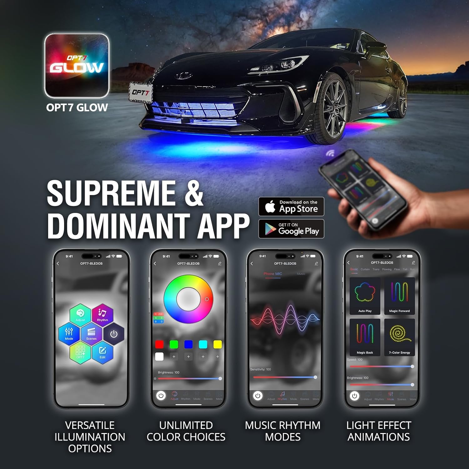 AURA Exterior Pack Bundle (Grille LED Kit - Bluetooth Enabled APP + DreamColor Underglow LED Kit + Photon RGB Rock Light Kit)
