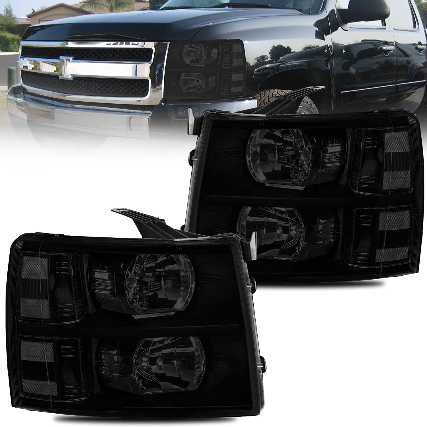 MOSTPLUS Headlight Assembly Compatible with Chevy Chevrolet Silverado 1500 2500 3500 with Black Housing, Clear Lens, Amber Reflector