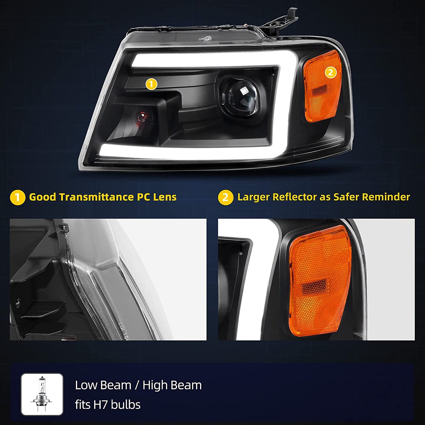 2004-2008 Ford F150 Black Housing With LED Drl