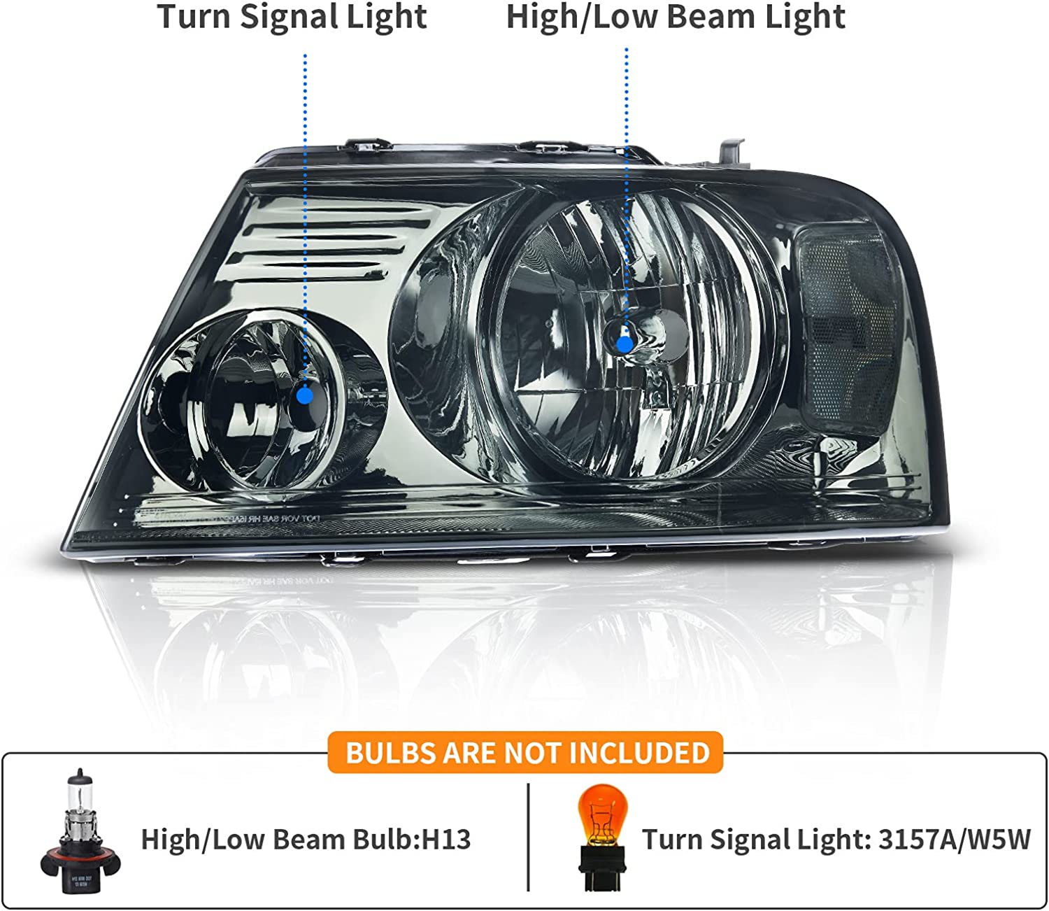 2004-2008 Ford F150 Headlights With Smoked Lens Chrome Housing Reflector