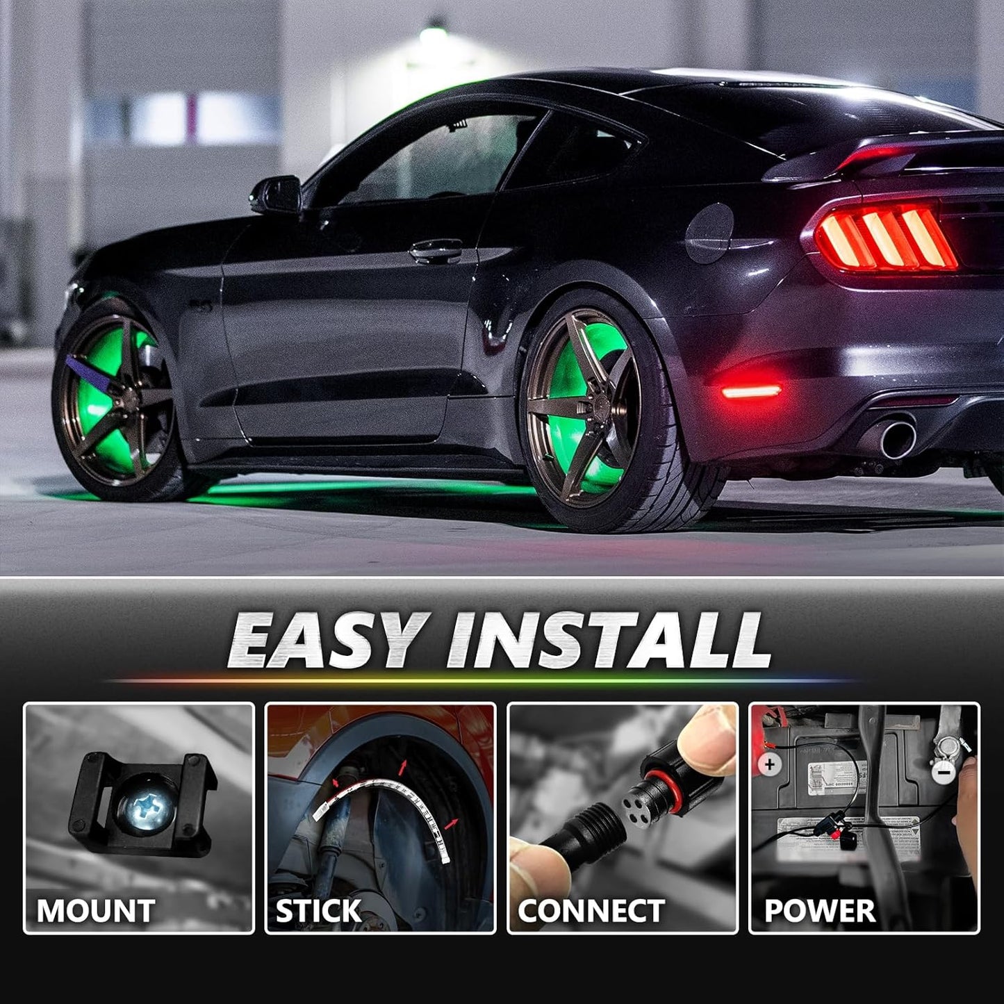AURA PRO Wheel Well LED Lighting Kit 4 x 24-Inch Multi-Color Strips - Bluetooth Enabled APP Full Color Spectrum