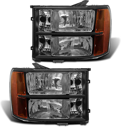 ADCARLIGHTS 2007-2014 Sierra Headlight Assembly Compatible with 2007-2014 GMC Sierra 1500 / 07-14 GMC Sierra 2500HD 3500HD Chrome Housing with Amber Reflector Replacement Left and Right