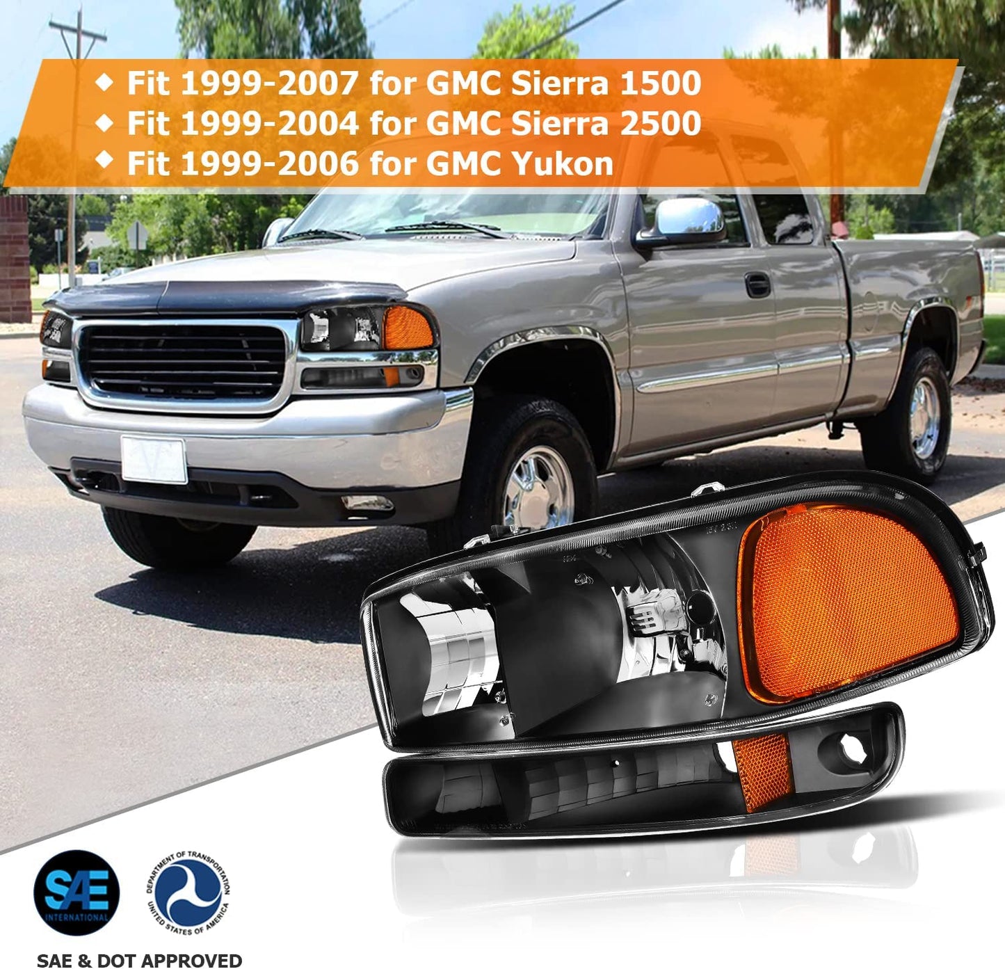 Lbrst Headlight Assembly For Gmc Sierra 1500 19992006 Classic 2007 2500 19992004 Black Housing Amber Reflector Clear Lens Driver And Passenger Side Headlamp