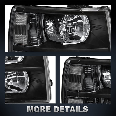 Mostplus Headlight Assembly Compatible With Chevy Chevrolet Silverado 1500 2500 3500 Black Housing Clear Lens Amber Reflector
