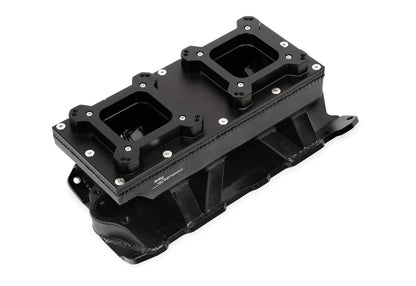 Fabricated Intake Manifold SBC Single Plane Carbureted (2 x 4150 style flange changeable plate) Black with Sniper logo by The Tuner Store