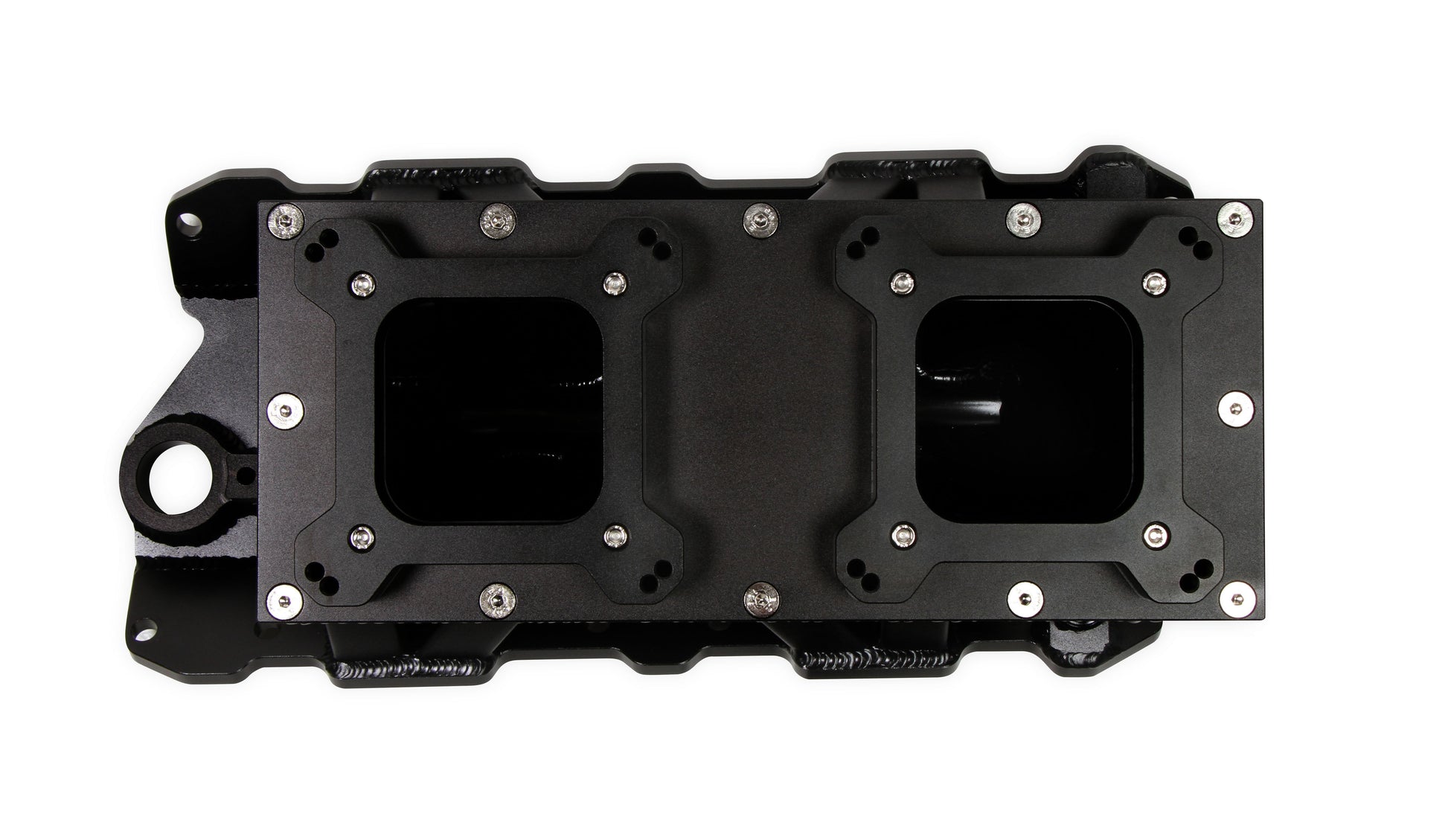 Fabricated Intake Manifold SBC Single Plane Carbureted (2 x 4150 style flange changeable plate) Black with Sniper logo by The Tuner Store