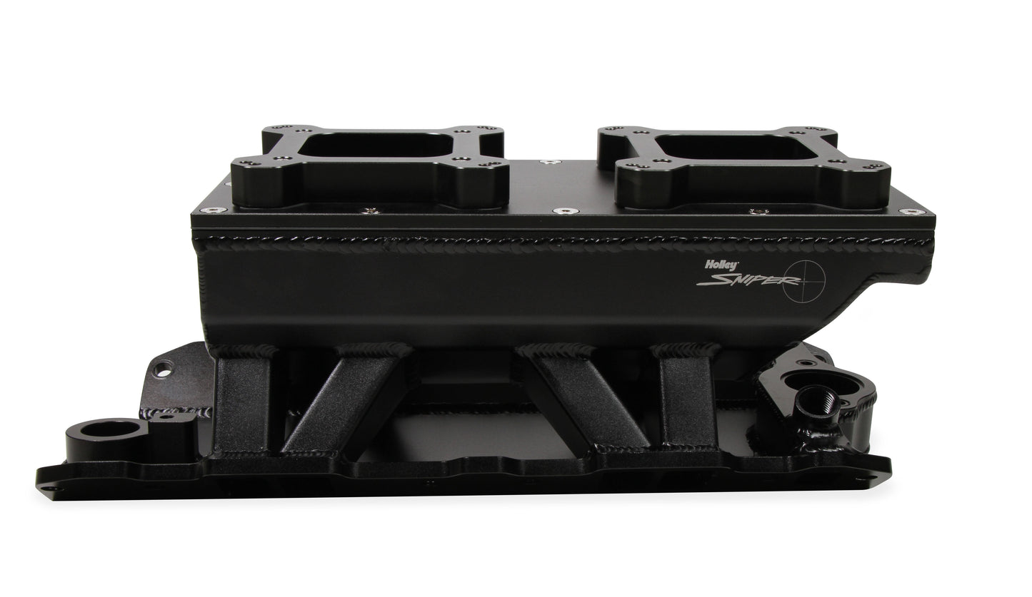 Fabricated Intake Manifold SBC Single Plane Carbureted (2 x 4150 style flange changeable plate) Black with Sniper logo by The Tuner Store