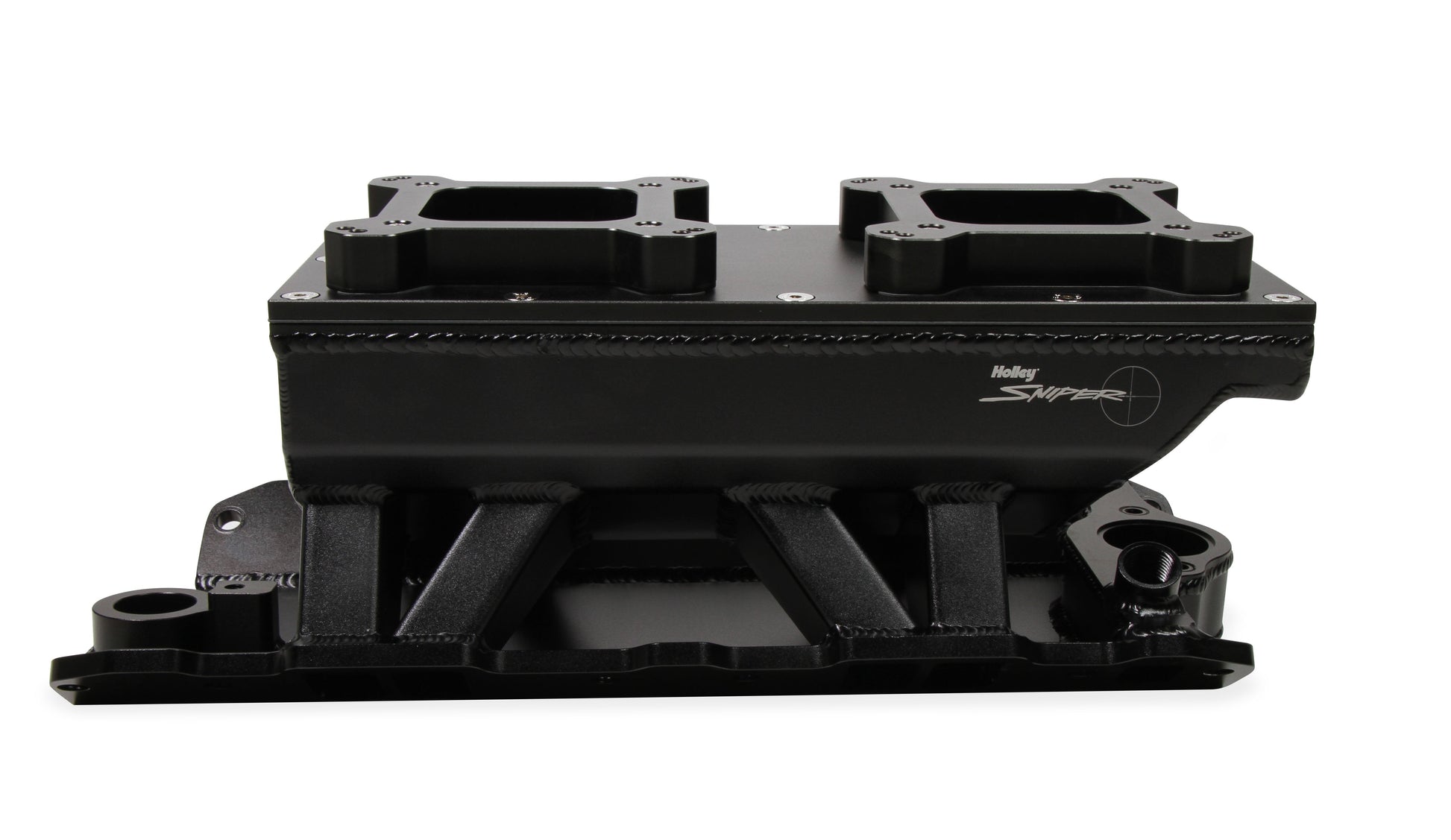 Fabricated Intake Manifold SBC Single Plane Carbureted (2 x 4150 style flange changeable plate) Black with Sniper logo by The Tuner Store
