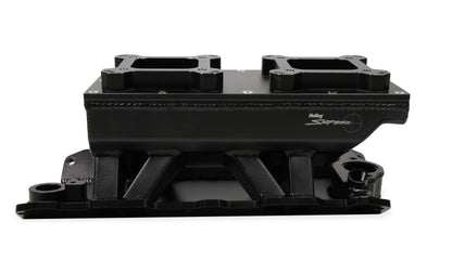 Fabricated Intake Manifold SBC Single Plane Carbureted (2 x 4150 style flange changeable plate) Black with Sniper logo by The Tuner Store