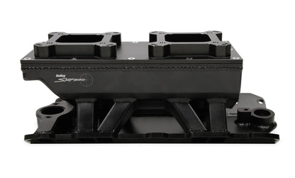 Fabricated Intake Manifold SBC Single Plane Carbureted (2 x 4150 style flange changeable plate) Black with Sniper logo by The Tuner Store