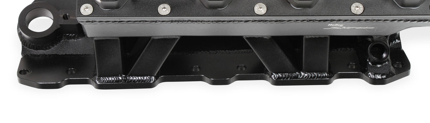 Fabricated Intake Manifold SBC Single Plane Carbureted (2 x 4150 style flange changeable plate) Black with Sniper logo by The Tuner Store