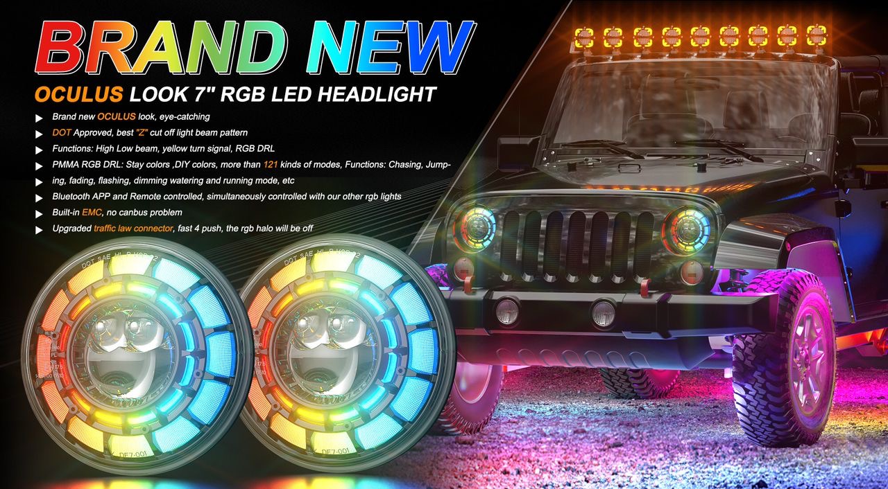 SPDZ1 Oculus 7” RGB LED Headlights with LED RGB Fog Light Kit – App Controlled Multi-Mode Halo (Pre-Order)