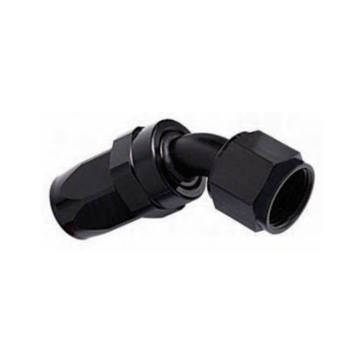 -6AN Female 45° Hose End, Swivel Style, Black Hard Anodized Aluminum