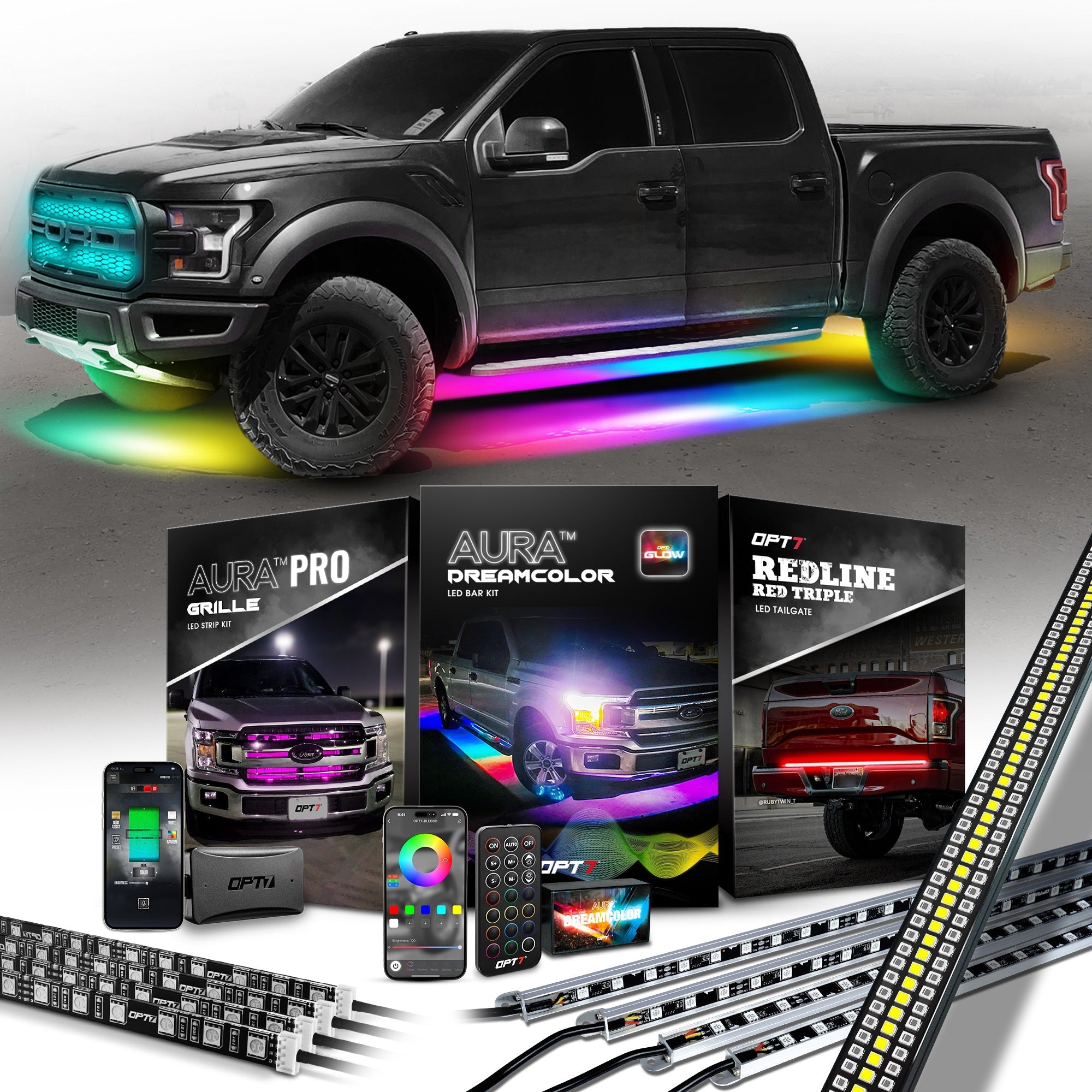 AURA PRO LED Lighting Kit for Truck Bundle (Grille LED Kit - Bluetooth Enabled APP + DreamColor Underglow LED Kit + Tailgate Triple Light Bar)